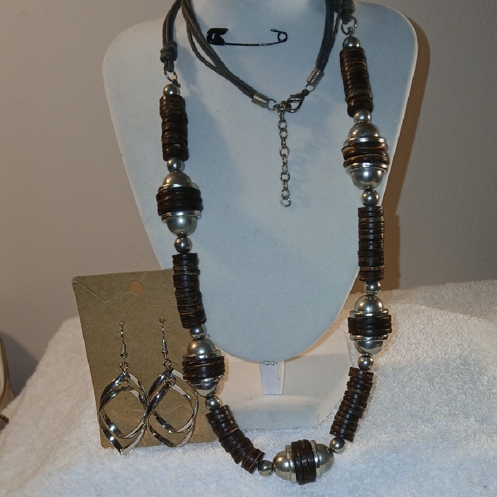 Handcrafted Brown and Silver Beaded Necklace with Matching Earrings